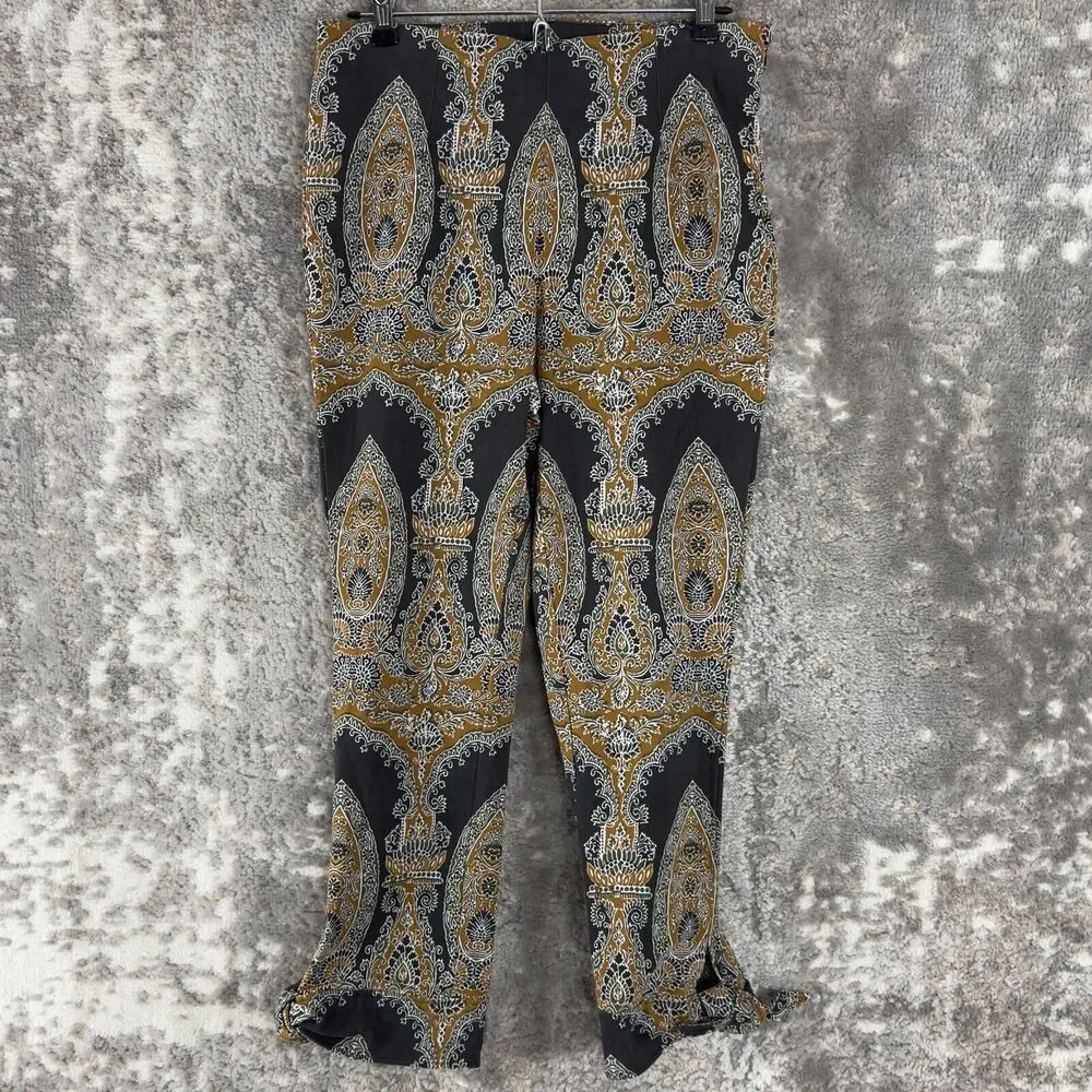 Free‎ People Sz 6 Black & Gold Paisley Print High Rise Crop Pants Boho Artsy